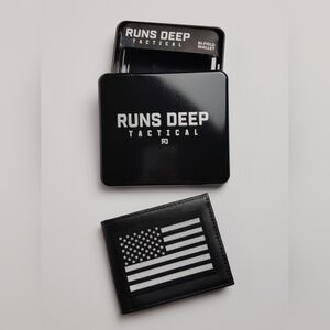 Runs Deep  Men's Tactical Black with Flag Bi-Fold Wallet Vegan Leather